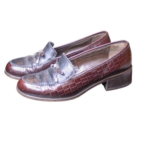 Brighton Donna Leather Loafers Brown Black Croc Embossed Bow Slip On 8 - Picture 3 of 5